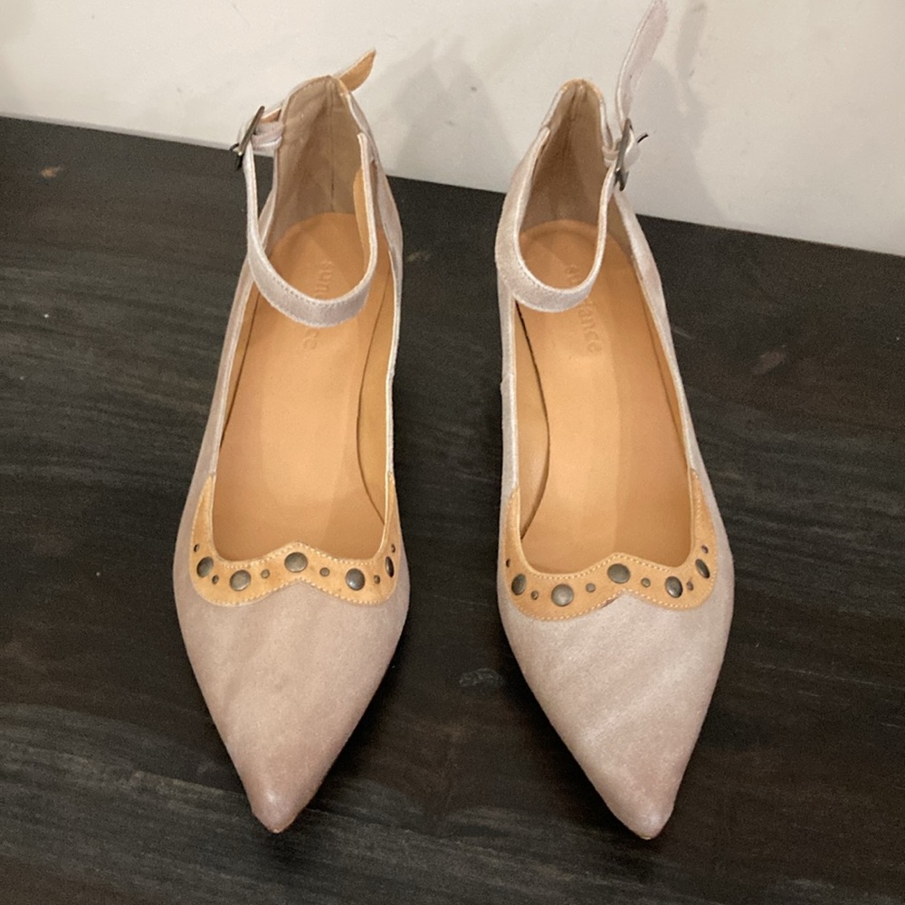 SUNDANCE LEATHER SHOES Block Heels with Ankle Straps Made in France WOMENS
